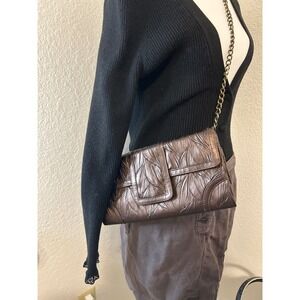 Vtg Jessica McClintock Bronze Leaf Embossed Chain Clutch Evening Bag ‎ Pinup